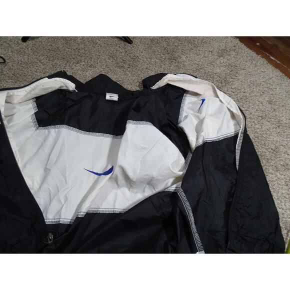 Vtg 90s Nike Embroidered Swoosh Windbreaker Jacket Black White Blue XL Retro - Picture 6 of 7